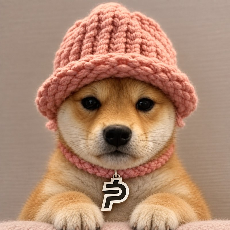 dogwifpaid wearing a pink knitted hat and P pendant